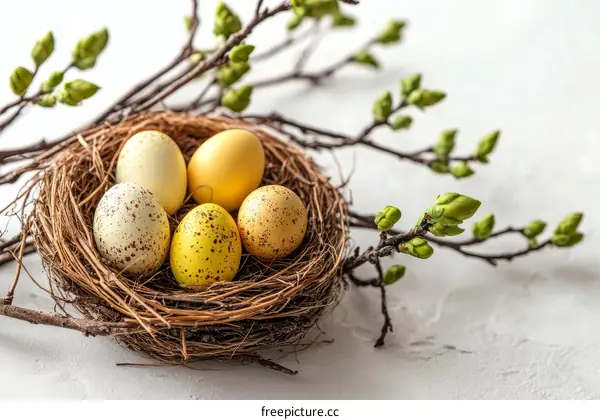 Colorful Easter Eggs in a Nest with Spring Branches