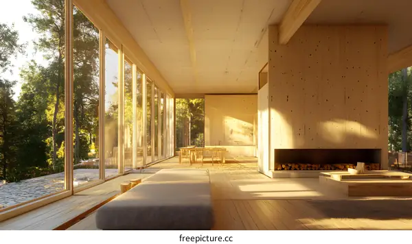 Modern Minimalist Wooden House Interior Design With Large Windows