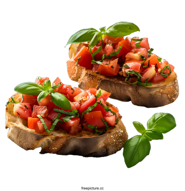 [Transparent Background PNG]Two slices of toasted bread topped with chopped tomatoes and fresh basil
