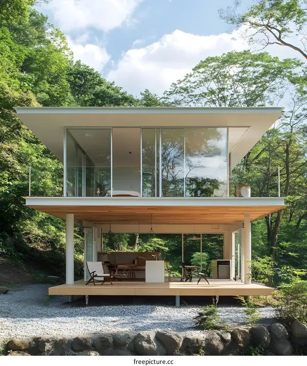 Modern Glass House Surrounded by Lush Greenery