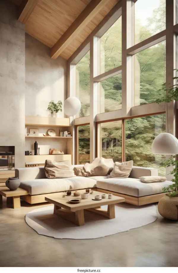 Airy and bright living room with large windows and a high ceiling