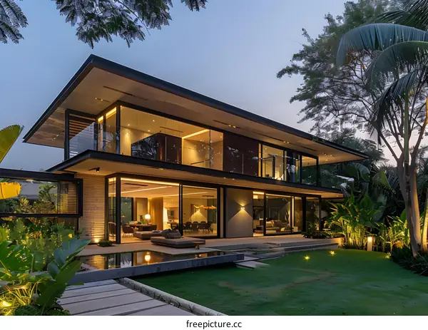 Modern House with Large Glass Windows and a Pool