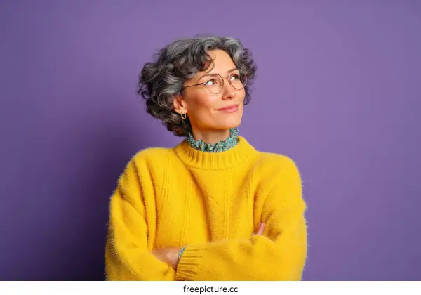 Thoughtful Senior Woman in Yellow Sweater against Purple Background