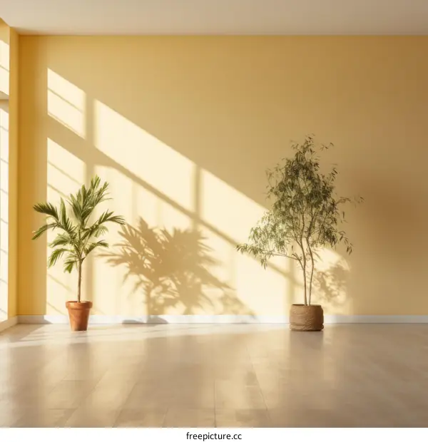 Two plants in front of a yellow wall
