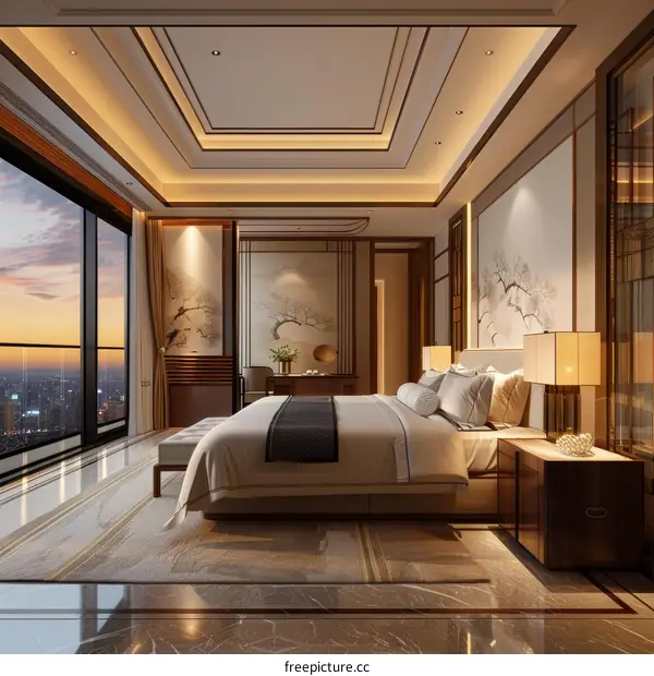 Modern Hotel Bedroom with City View