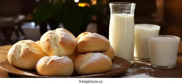 Fresh bread and milk on a wooden table