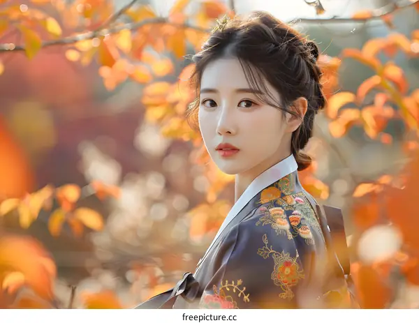 Portrait of a young woman in traditional Korean dress, or Hanbok, with autumn leaves in the background