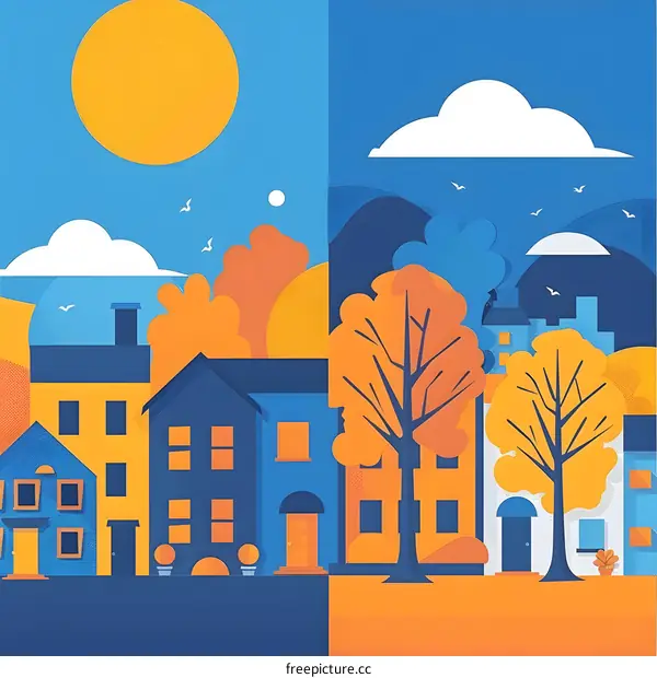 Autumn Illustration Of City Skyline With Houses and Trees