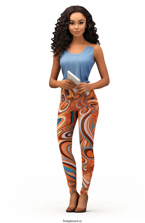 A woman wearing blue tank top and psychedelic leggings