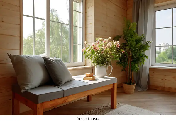 Cozy Wooden Window Seat with Plants and Flowers