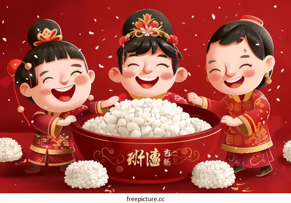 Three cute cartoon people in traditional Chinese wedding clothes are happily making rice dumplings