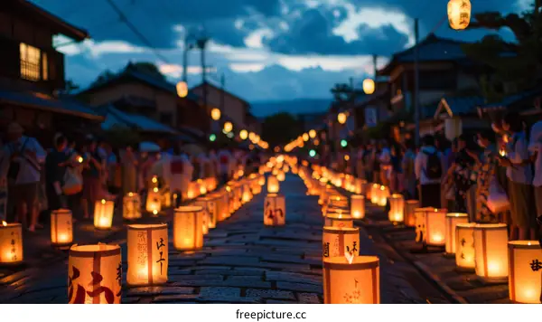 A lantern-lit street in Japan during a summer festival