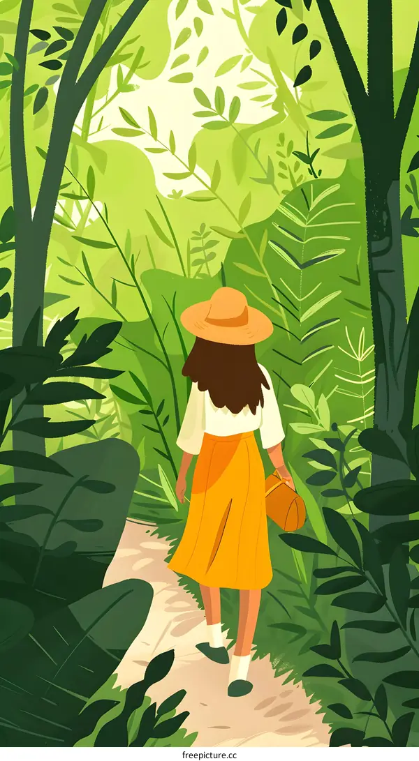 Woman in Yellow Skirt Walking Through a Lush Green Forest