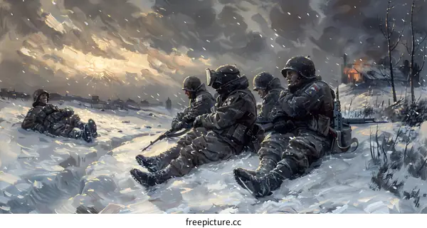 A group of soldiers take a break during the Battle of the Bulge in World War II.