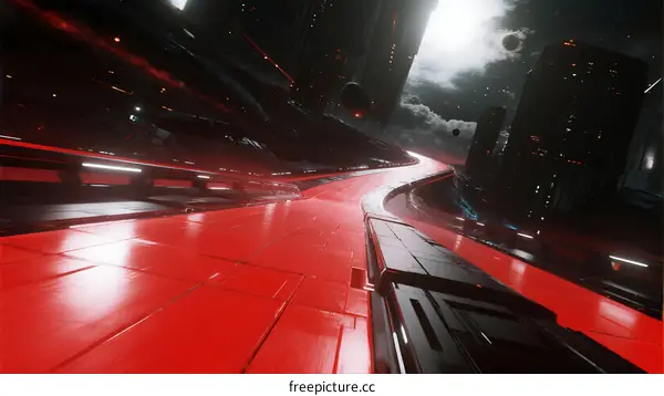 Futuristic city road with red surface and tall buildings at night