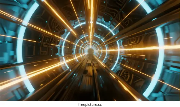 Dynamic Yellow Light Streaks in Futuristic Tunnel
