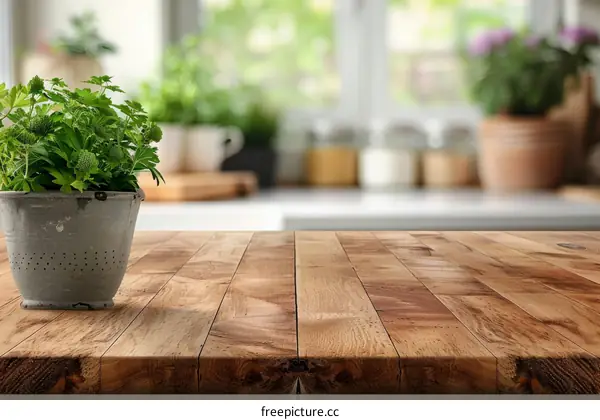 Rustic wooden table with a plant in a metal colander