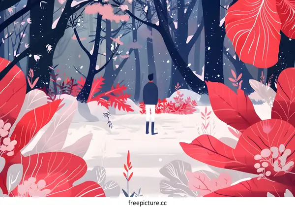 Snowy Forest With Single Person Standing In the Path