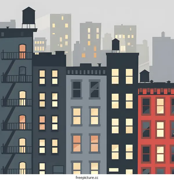 Minimalist Cityscape Illustration with Buildings and Windows