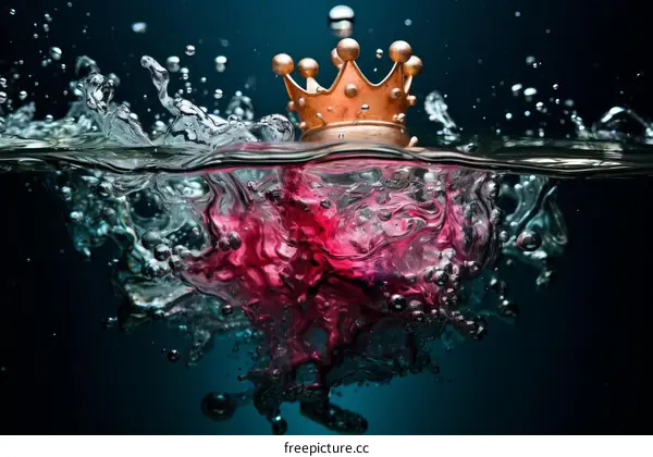 Golden crown falling through the water surface with a splash