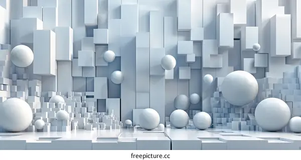 Futuristic Cityscape with Geometric Shapes and Spheres