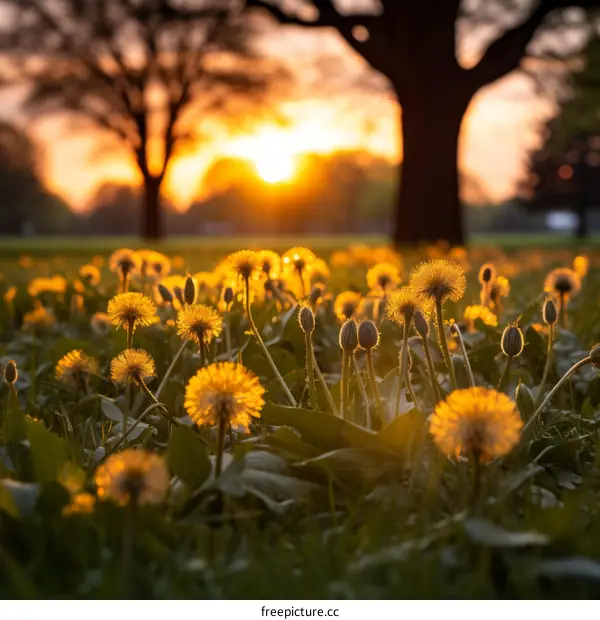 Close-up of yellow dandelions in a field at sunset