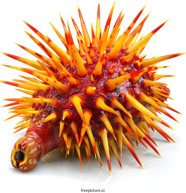 A 3D rendering of a red and yellow sea urchin
