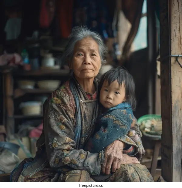 An old woman and a child in a rural setting
