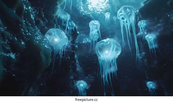 Bioluminescent Jellyfish In A Cave