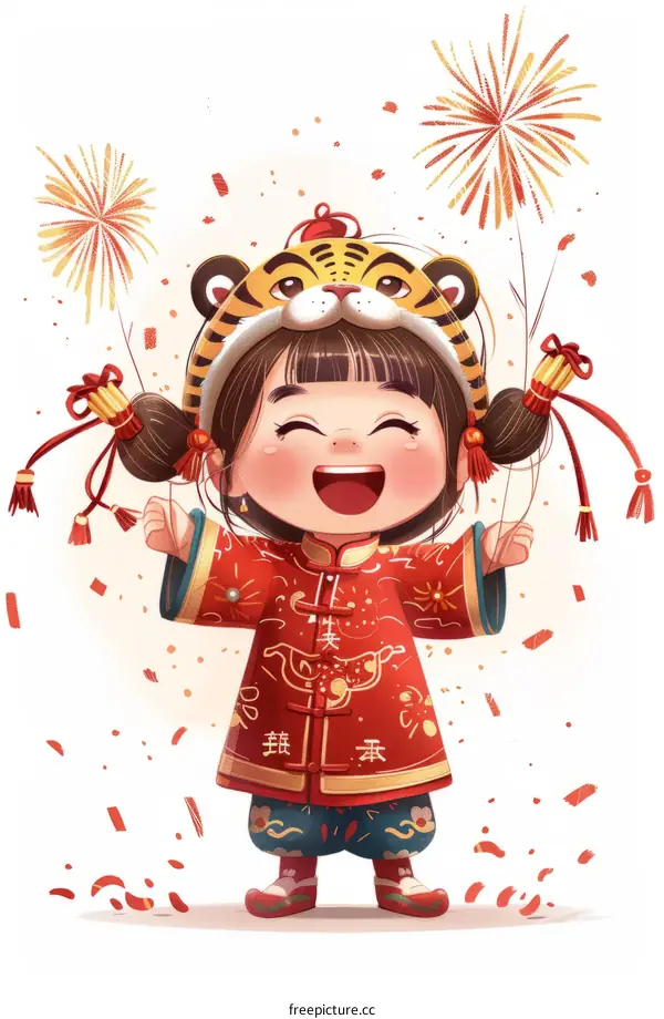 A little girl wearing a tiger hat is celebrating the Chinese New Year