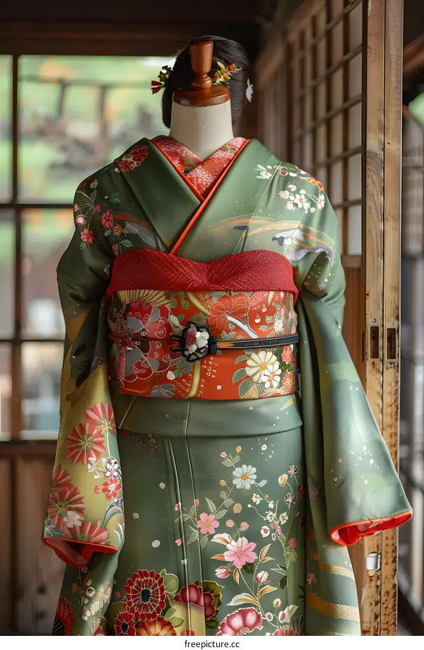 A kimono with a floral pattern and a red obi sash