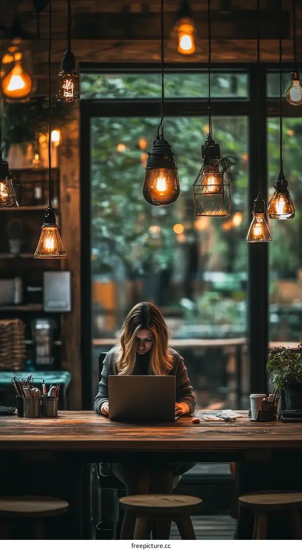 Woman Working at a Wooden Table with Pendant Lights