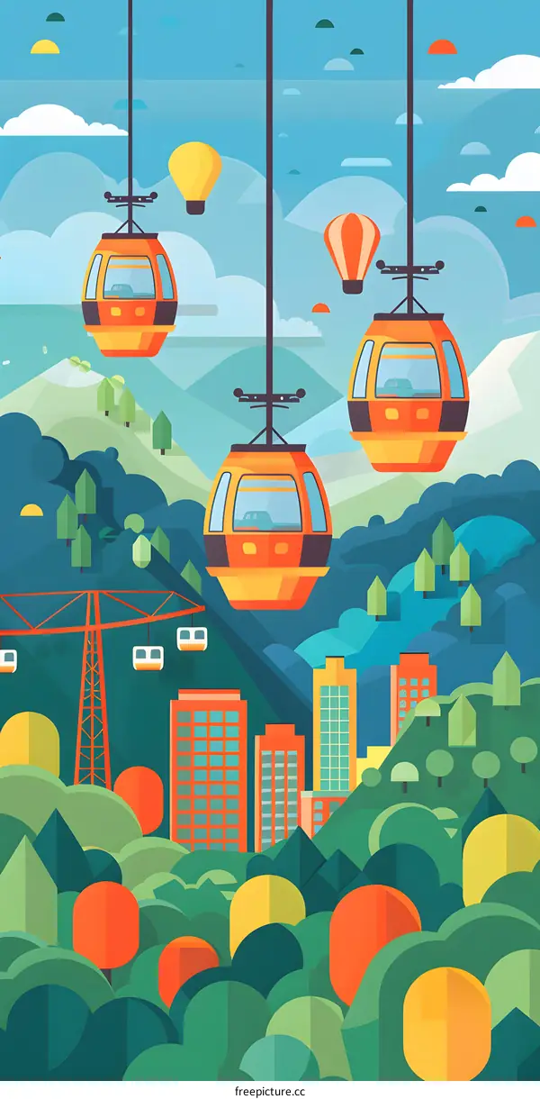 Cable Car Over Cityscape with Hot Air Balloons