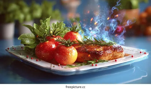 Deliciously cooked steak with fresh tomatoes