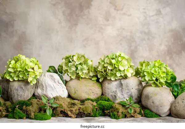 Green Hydrangeas with Rocks and Moss
