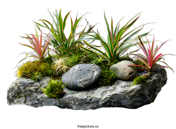 [Transparent Background PNG]terrarium plants growing on rock with moss