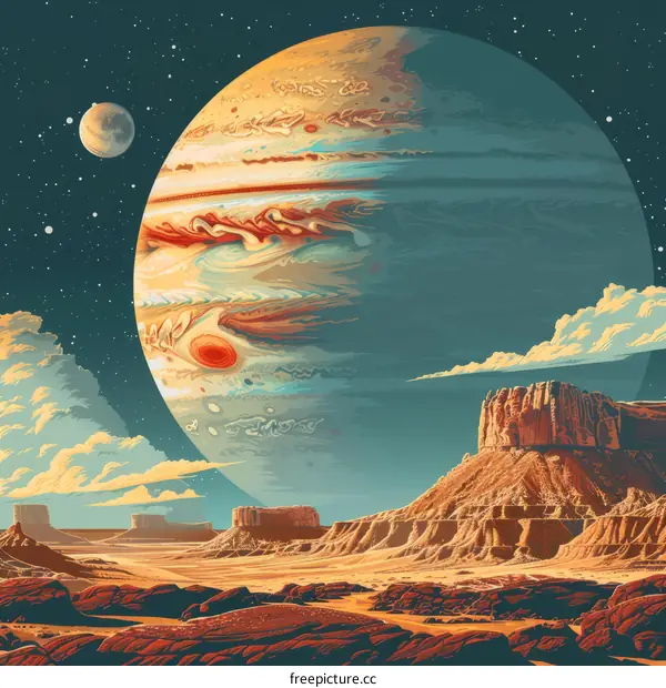 An illustration of a desert landscape with a large planet in the sky