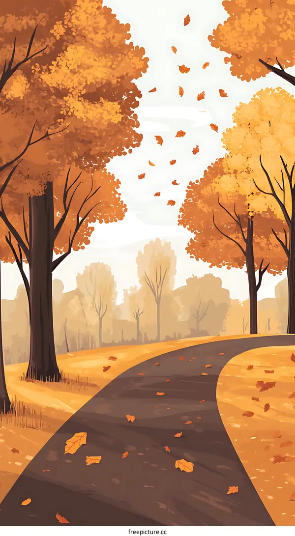 Autumn Road With Falling Leaves And Trees