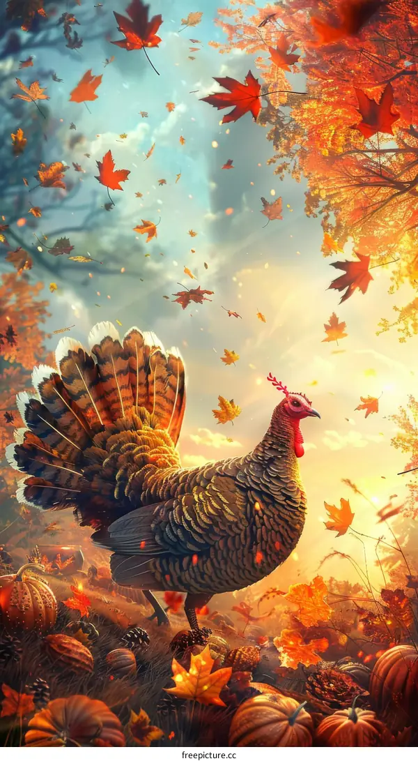 Autumn Turkey With Pumpkins And Falling Leaves