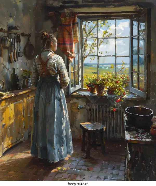 Woman Standing by Window Looking at Countryside View