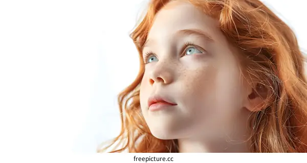 Closeup Portrait of Little Girl with Red Hair Looking Up