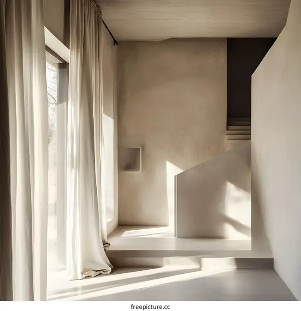 Minimalist Interior Design with White Curtains and Concrete Walls