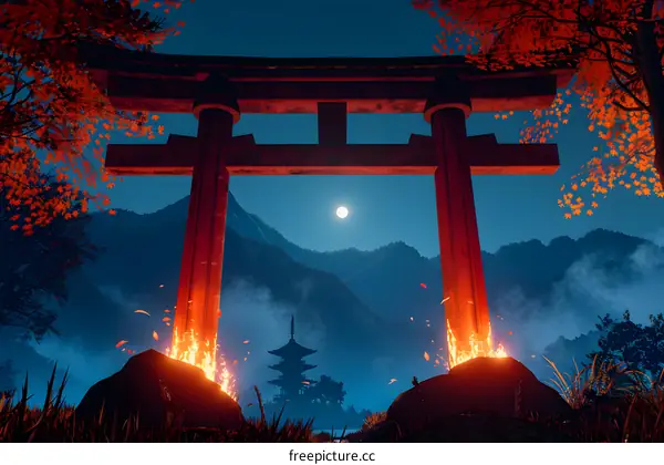 Japanese Torii Gate under Moonlight