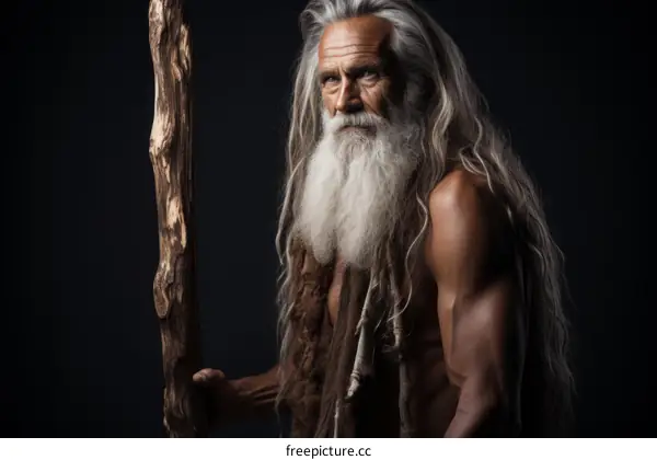 Portrait of a strong muscular old man with long white hair and beard holding a wooden staff