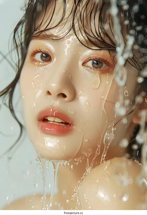 Close-up portrait of a young woman with water on her face
