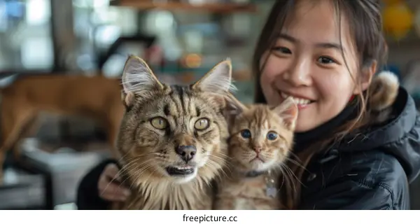 A young woman is smiling and hugging two cats.