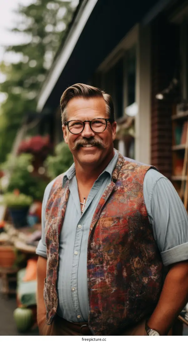 portrait of a man with mustache and glasses smiling