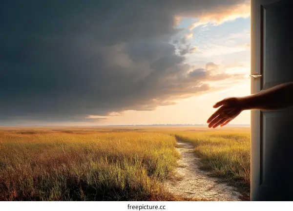 Hand Reaching Through Doorway to a Golden Field