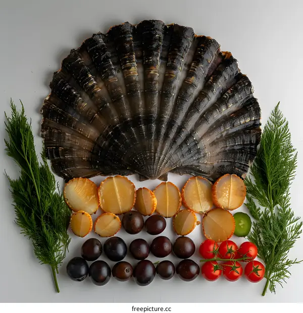 Scallops Dill Olives Tomatoes Food Arrangement