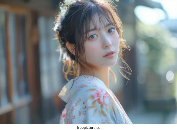 Asian Woman in Traditional Japanese Kimono Portrait